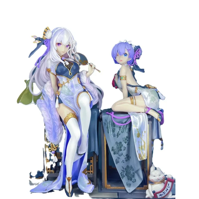 Ming'Erwu Re: Zero 중국 스타일 피규어 Emilia Rem Cheongsam 장면 모델 2D Guofeng 애니메이션 피규어 동상 Collectible Toys Gifts