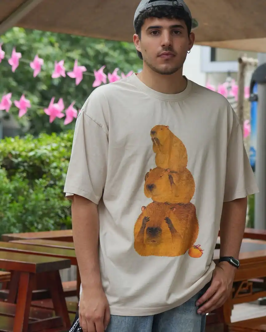 Fun Stacked Dolphin Printed Short sleeved T-shirt, Funny Kapibala Cartoon Loose Casual Top