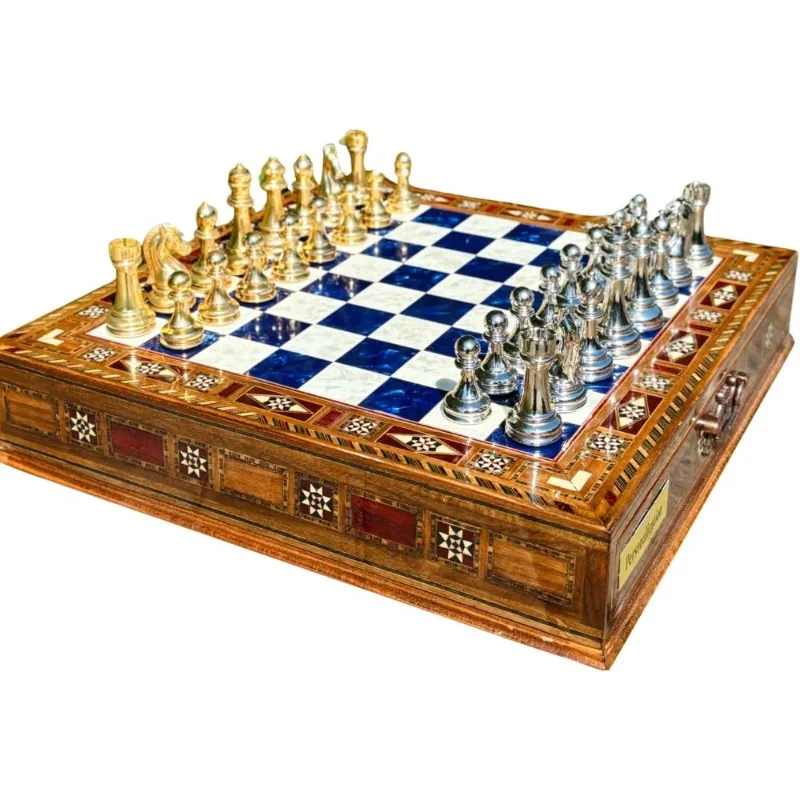 HOME - Handmade Chess Set with Metal Chess Pieces, Luxury Storage Chess Board, for All Ages, Ideal for Him (Large: 38