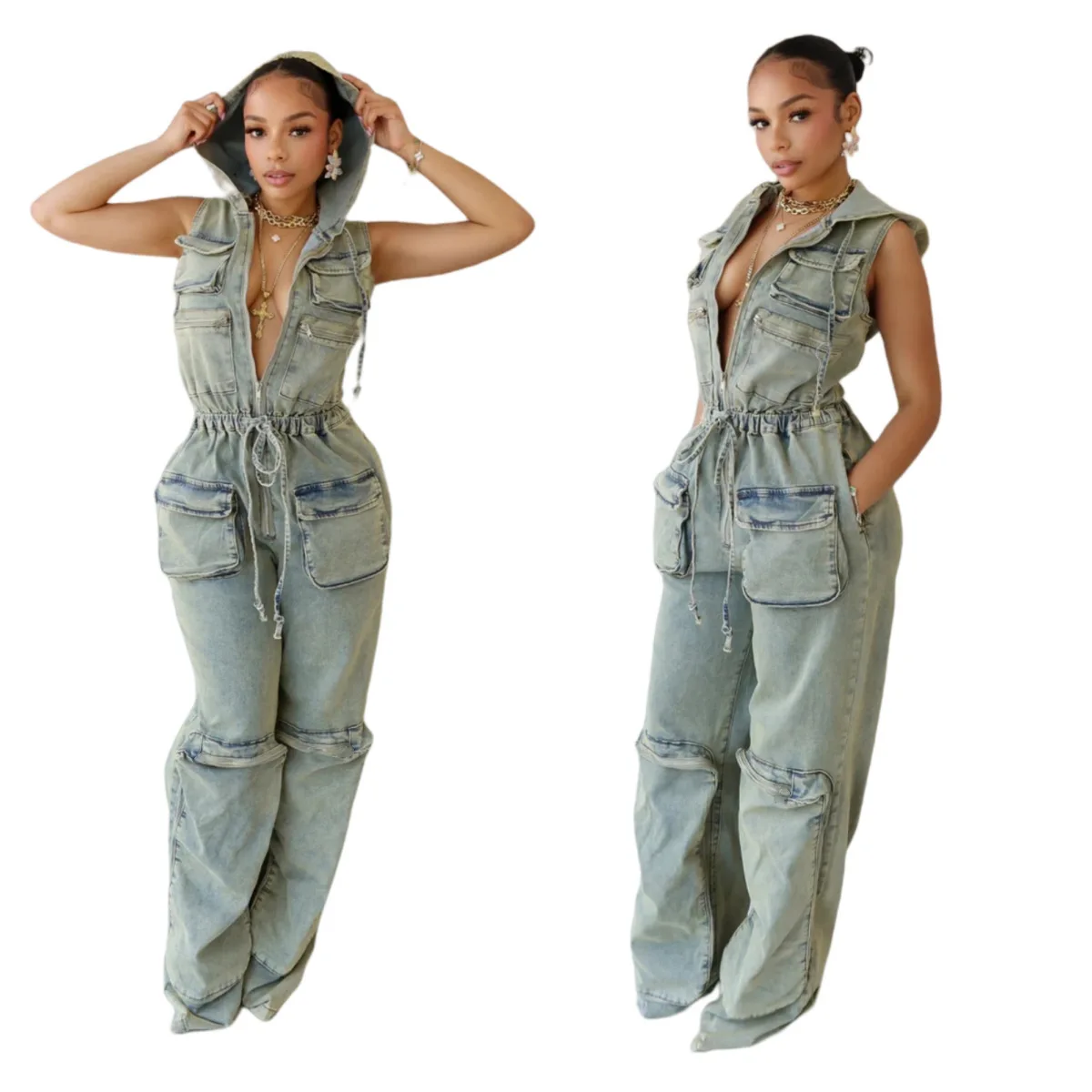 

3D Pocket Demin Hooded Jumpsuit for Women 2024 Summer Casual Elastic Sleeveless High Stretch Straight Pants Overalls