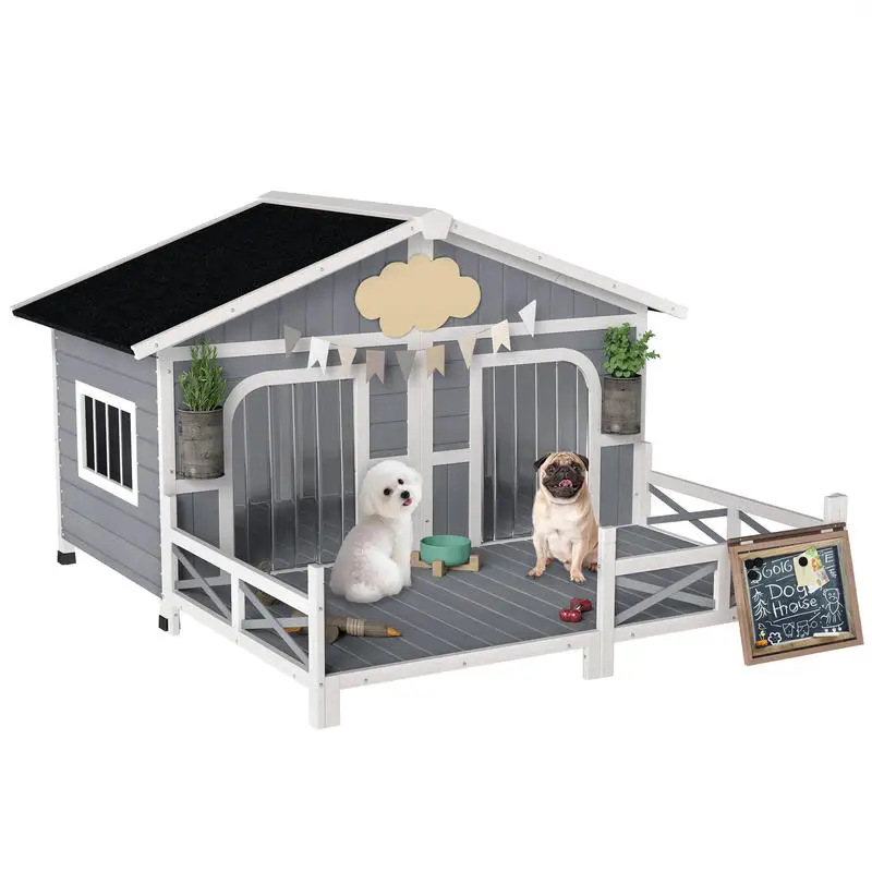 

Dog House Outdoor, Wooden Dog Kennel Weatherproof with Porch, Openable Roof, Removable Bottom, Elevated Floor, Double Room for 2 Small to Medium Breeds, Gray
