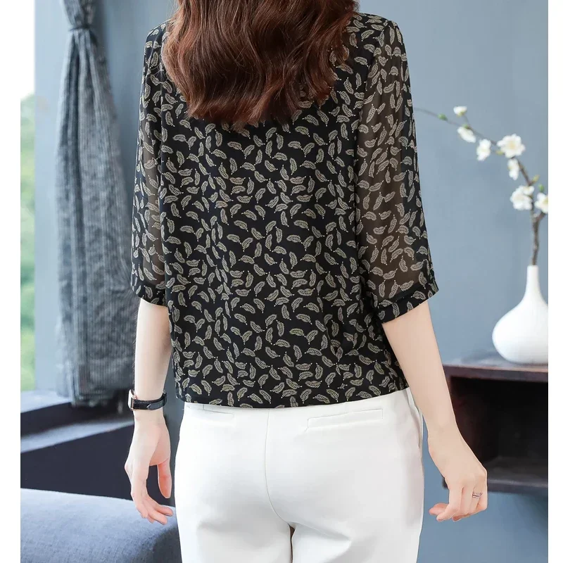 

Women Korean Fashion Print Button Up Shirt Office Lady Casual Chiffon Blouse Spring Summer Sleeve Loose Tops Elegante Z174