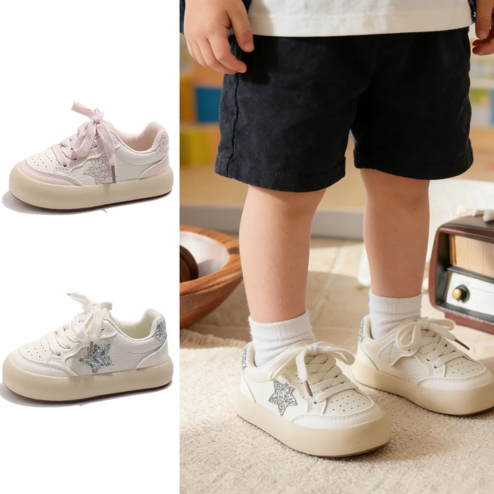 

Kids Glitter Star Thick Sole Sneakers with Lace-up Design Breathable Upper Non-slip Rubber Sole Casual Shoes for Toddlers