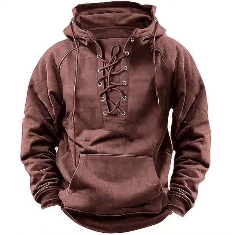 2024 Fall Trendy Mens Hooded Sweatshirts Lace-up Drawstring Long Sleeve Loose Hoodies Men Streetwear Vintage Solid Color Hoodie