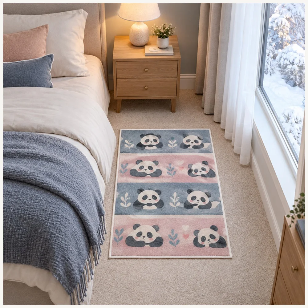 VIKAMA Cute Animal Grey Pink Blue Panda Flannel Door Mat, Soft Washable Hallway Mat, Home Decor for Bathroom, Bedroom, Porch