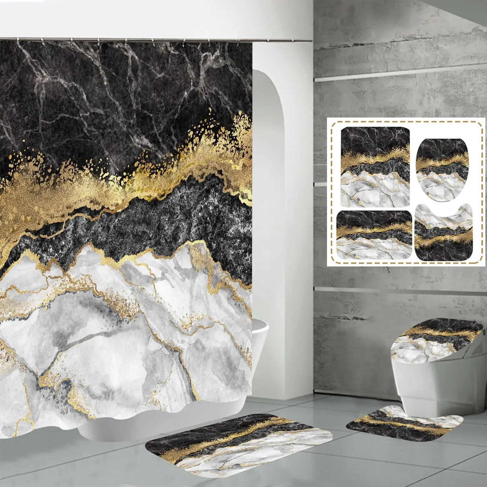 

4Pcs Marble Shower Curtain Set Marble Print Bathroom Set with Shower Curtain and Rugs, Toilet Lid Cover and Non-Slip U Shape Mat