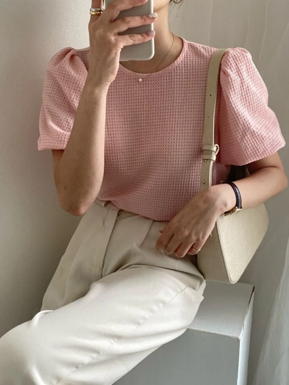 Chic Sweet Gentle Summer Short Sleeve T-Shirt Women's round Neck Hollow out Bubble Sleeve Checkered Top Age Reduction Versatile