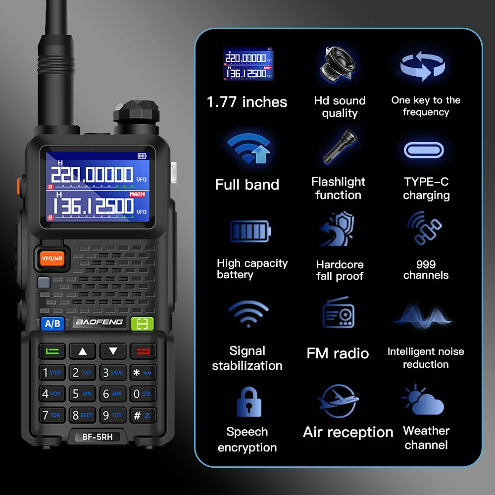 UV-5RH Air Band Walkie Talkie Wirless Kopieerfrequentie Tri Power Type-C Noaa Lange Afstand Baofeng 5rm Ham Tweeweg Radio