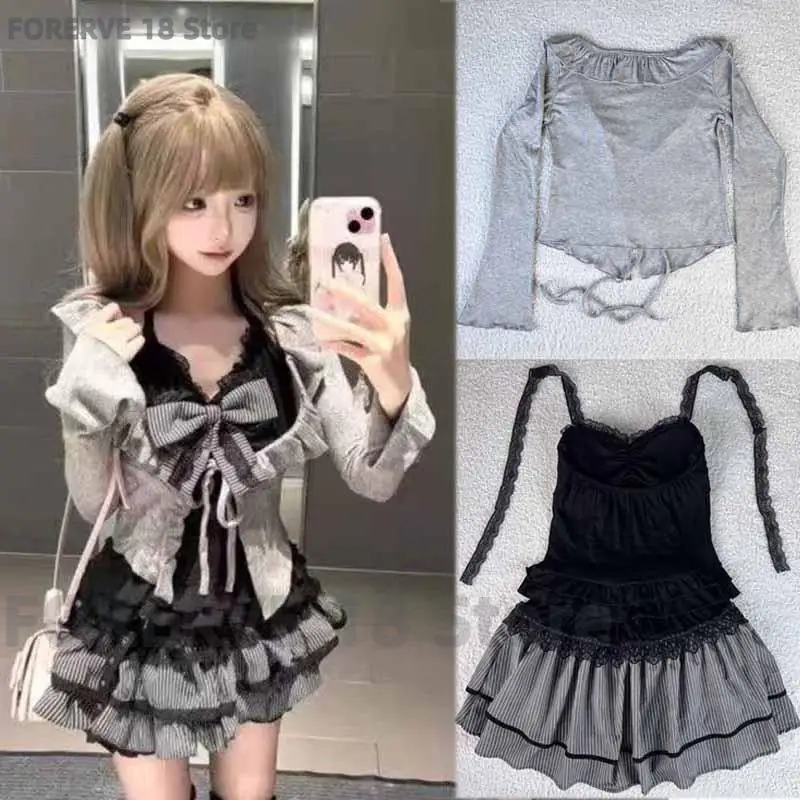 

Lace 2 Pcs Cake Dress Splice Spaghetti Strap Short Skirt Grey Long Sleeves Cardigan Suit Japanese Style Sweet Girl Mini Skirt