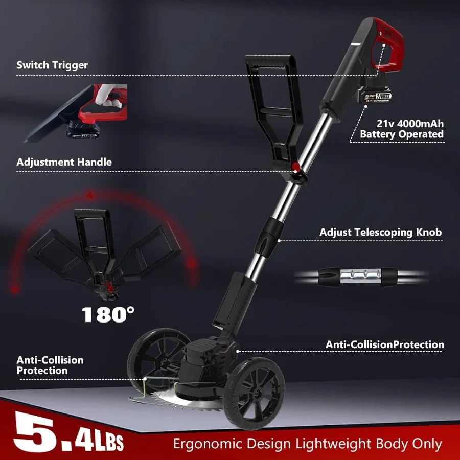Elektryczny podkaszacz do trawy, akumulatorowy, bezprzewodowy, 21V, lekki, bez sznurka, z 2 akumulatorami, z kółkami, 3 w 1