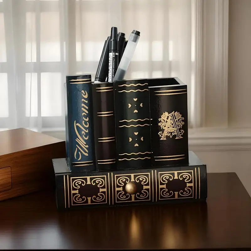 Book Pen Holder Pen Storage Cup Wood Library Book Shaped Pencil Holders Stand Decorative Organizer Caddy For Desk