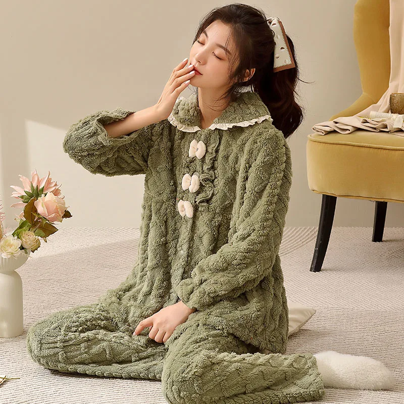 

Thick Coral Fleece Pajamas Women Warm Flannel Lapel Cardigan Long-Sleeved Autumn And Winter Home Service Suit Pyjamas Mujer 3XL