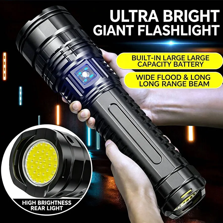 Powerful LED flashlight with built-in rechargeable battery, super bright zoomable camping light