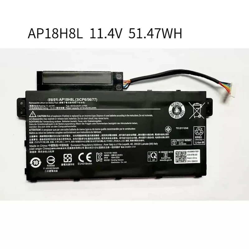 

Аккумулятор AP18H8L для ноутбуков Acer Aspire 5 A514-51, A515-53G, SPIN 3 SP314-53, 11.4V, 51.47Wh, 4515mAh