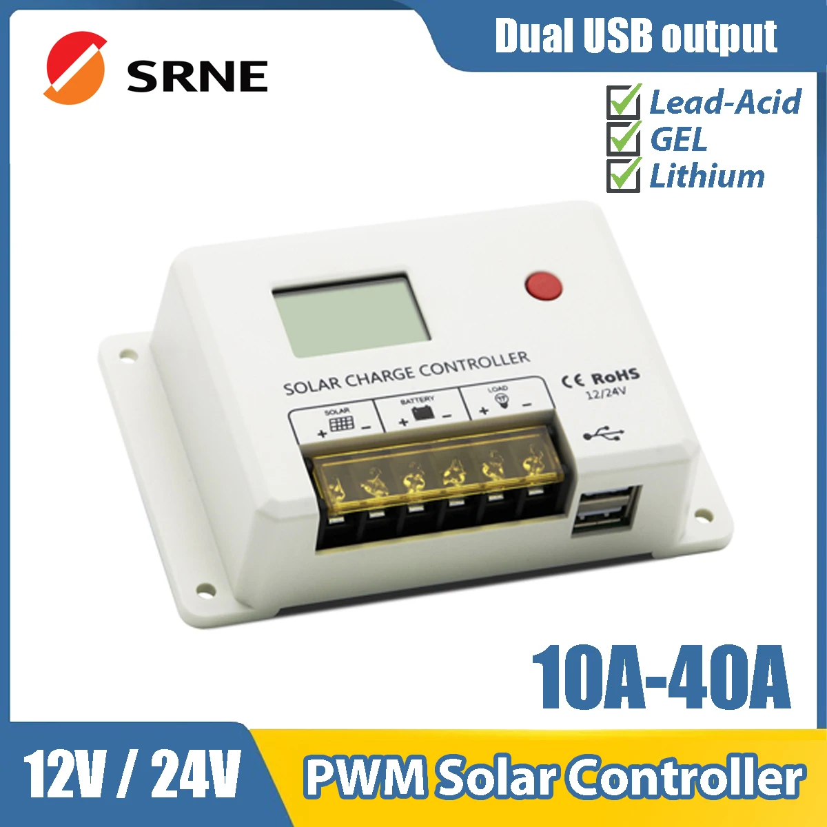 SRNE PWM Solar Charge Controller 12V 24V DC HC2410 10A 20A 30A 40A Time Light Control Dual USB Output Support Lithium