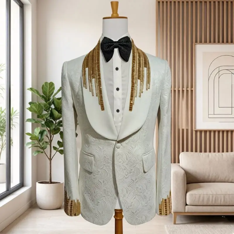 

Floral Suits for Men Jacquard Beaded Tuxedo Groom Custom Made Glossy Wedding Party Gala Awards Luxury Wear with Black Pants