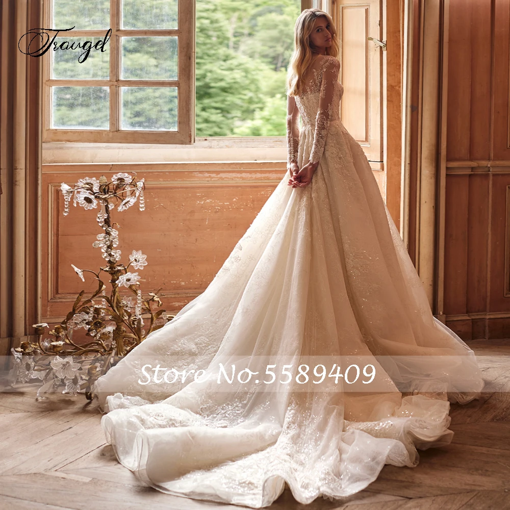 Abito da Sposa Vintage Traugel di Lusso con Scollo a Barchetta, Maniche Lunghe in Pizzo, Applicazioni Delicate, Cintura con Perline e Strascico a Corte