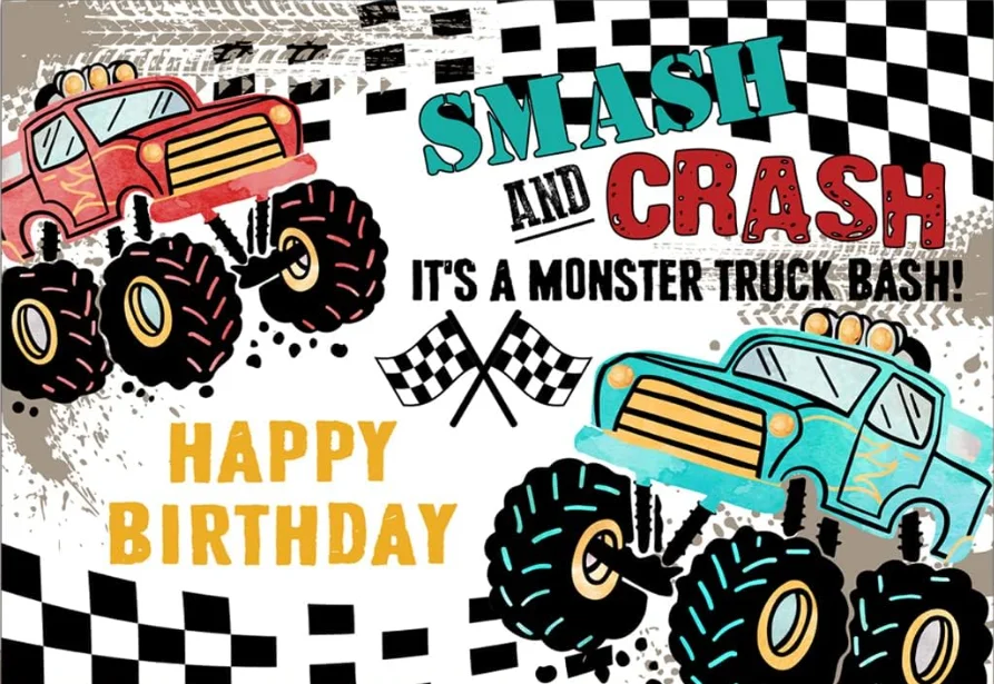 Ruck Theme Backdrop Smash and Crash It's A Monster Truck Bash Happy Birthday Kids Boy Bday Racing Speed Checkered Grave Banner