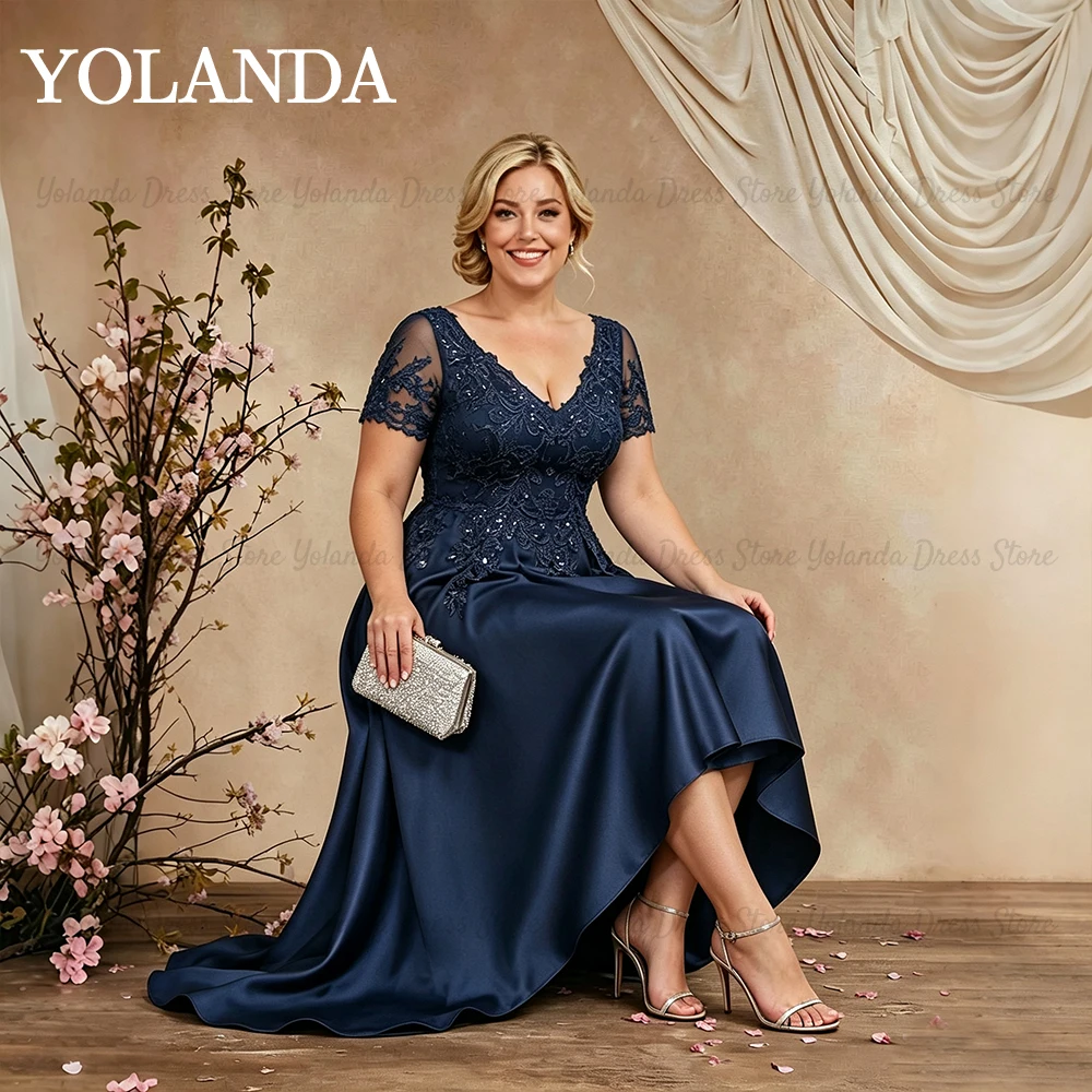 Yolanda vestido madrinha casamento Plus Size V‑Neck Lace Sequin Wedding Guest Dress Short Sleeve Hi‑Low Evening Gown Customized