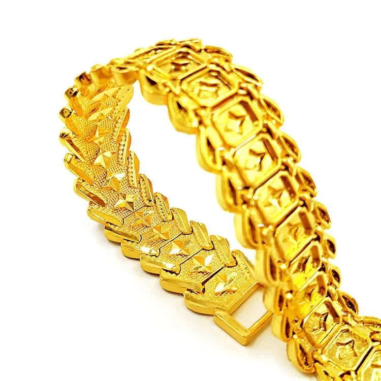 Men's gold 9999 24K real gold large watch chain car flower wide bracelet gold jewelry classic and simple