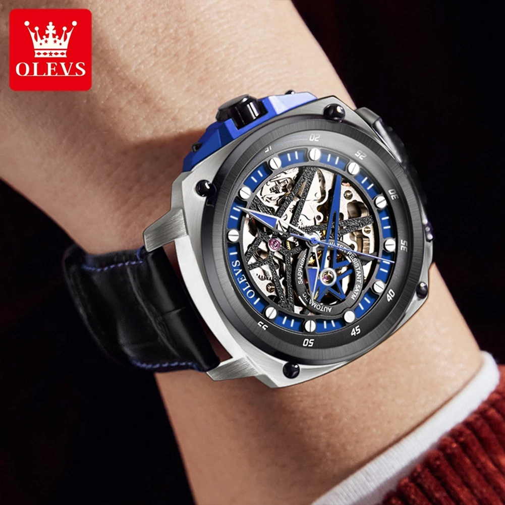 OLEVS Men\'s Watches Double Star Skeleton Original Automatic Mechanical Monvement 50m Waterproof Leather Strap Lunminous Ruby