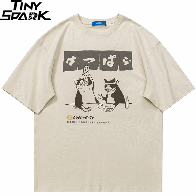 Men Tshirt Streetwear Japanese Harajuku Funny Drinking Cat T-Shirt Cotton Summer Cartoon T Shirt Unisex Hip Hop Tops Tees