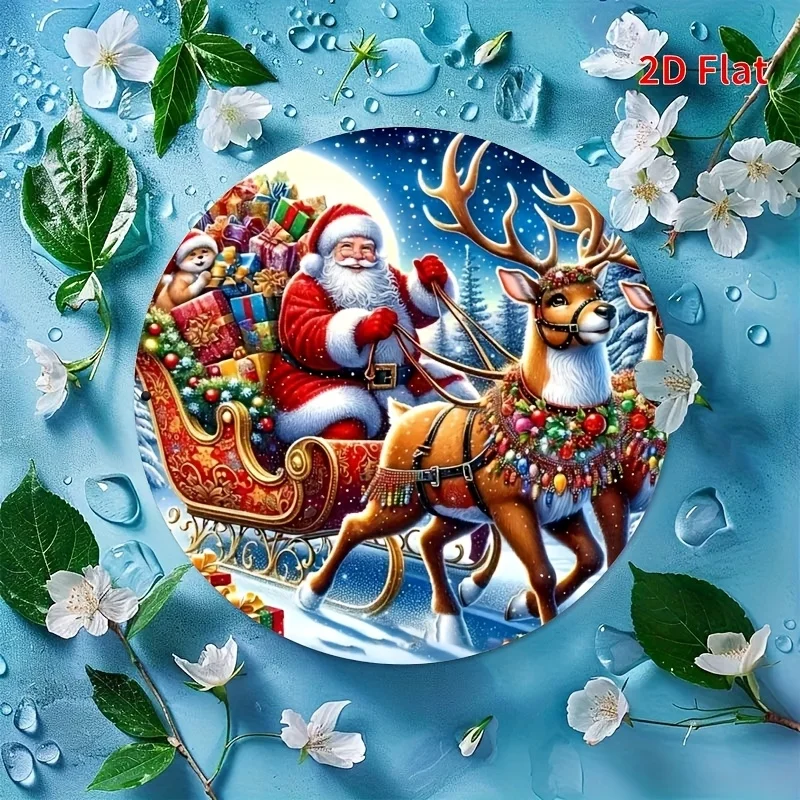 2D flat printing, 1pc, Santa Claus logo for giving gifts - simple winter metal sheet sign, Merry Christmas decorative wall hangi
