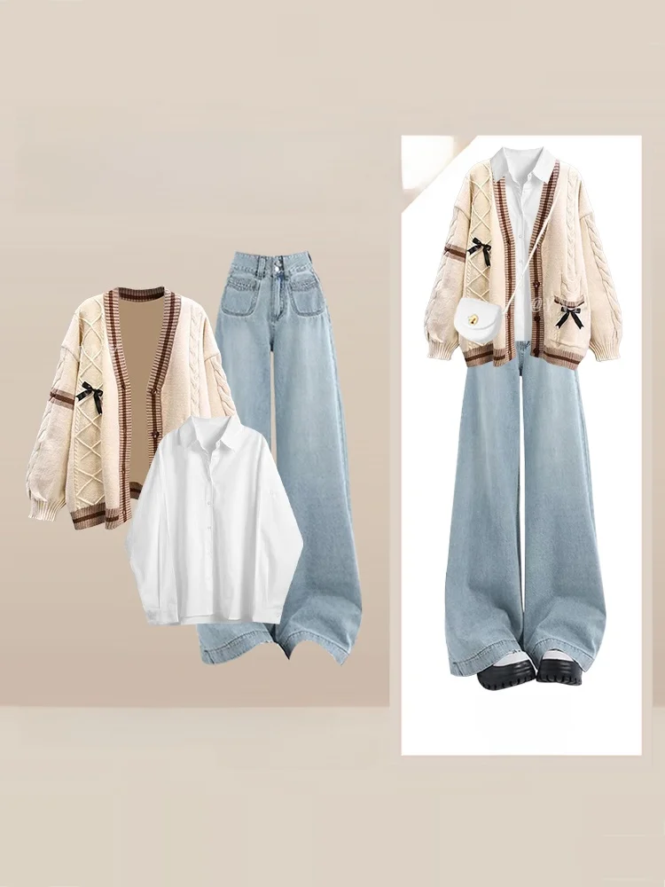 

Winter Fashion Jk School Style Sweater Set Slimming Jeans Three Piece Set Long Sleeve Flip Collar Knitted Top High Waist Pants