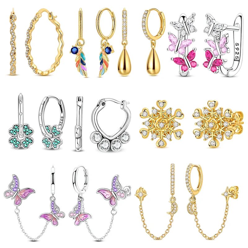 

925 Sterling Silver CZ Zircon Earrings Butterfly Feather Hoop Earrings for Women Engagement Wedding Birthday Gift Party Jewelry