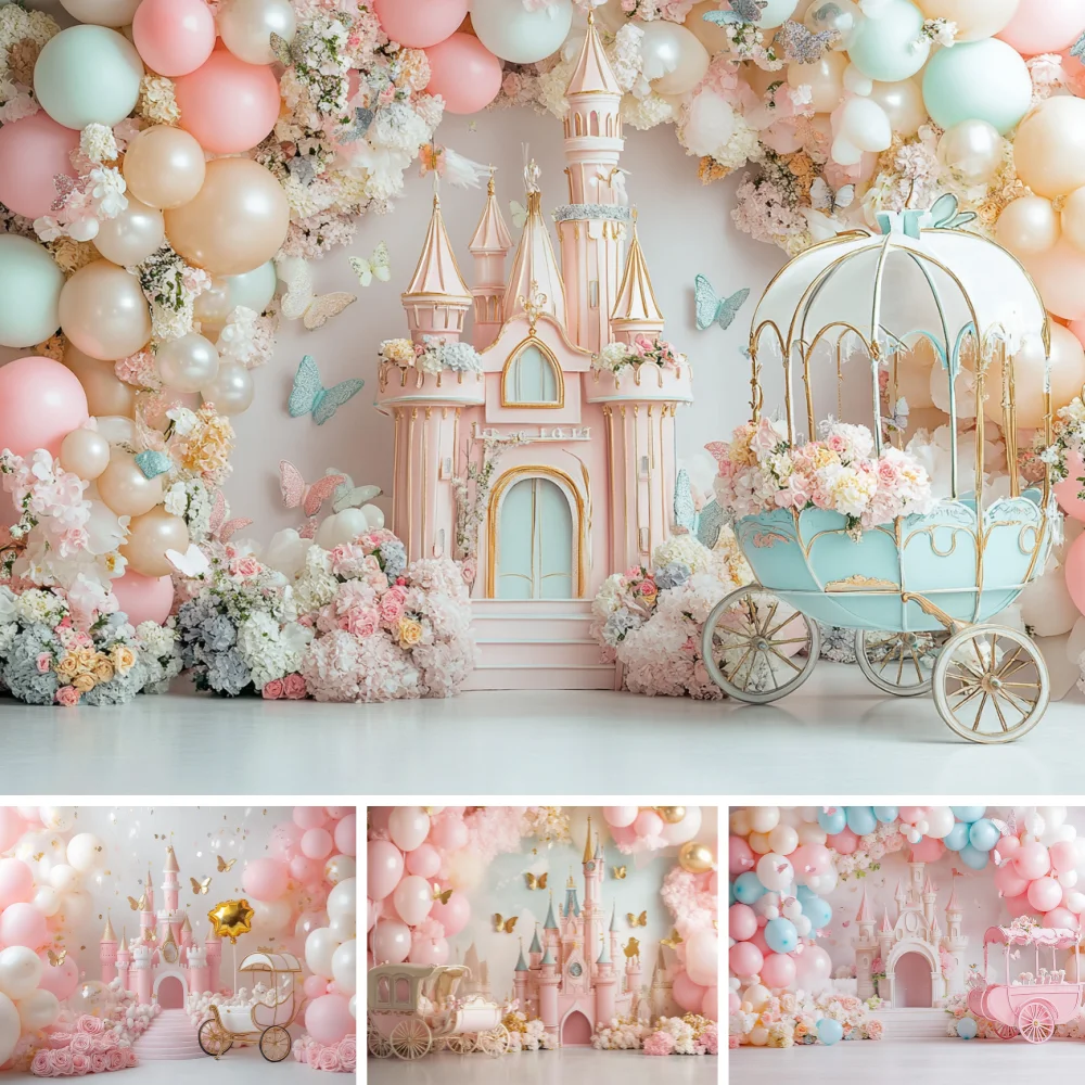 

Princess Castle Photography Backdrop Gold Carriage Balloon Arch Floral Princess Wedding Kids Birthday Decor Photozone Background