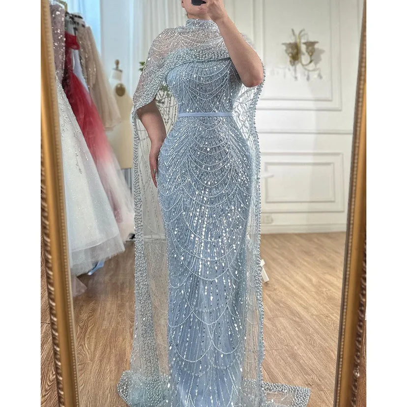 13 Color Sampl 2024 Embroidered Beaded Pearl Crystal Evening Dress Luxurious Rhinestone Dubai Mermaid Long Party Gown With Cloak