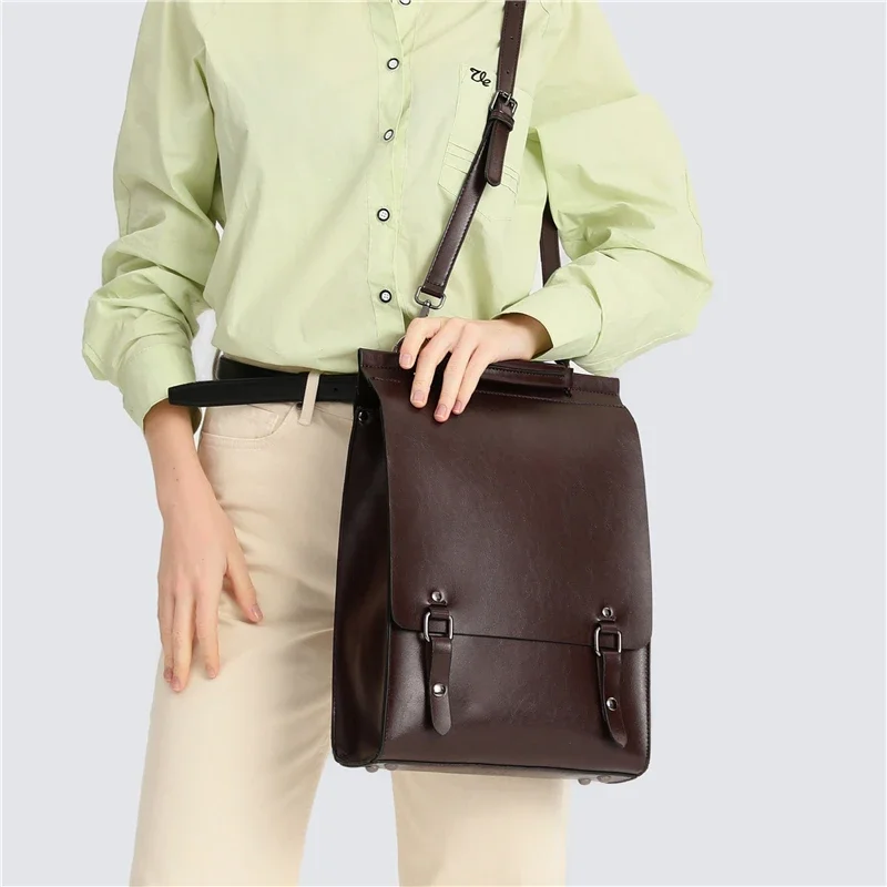 Vintage Cowhide Leather Backpack for Women, Designer School Bag with Shoulder Strap