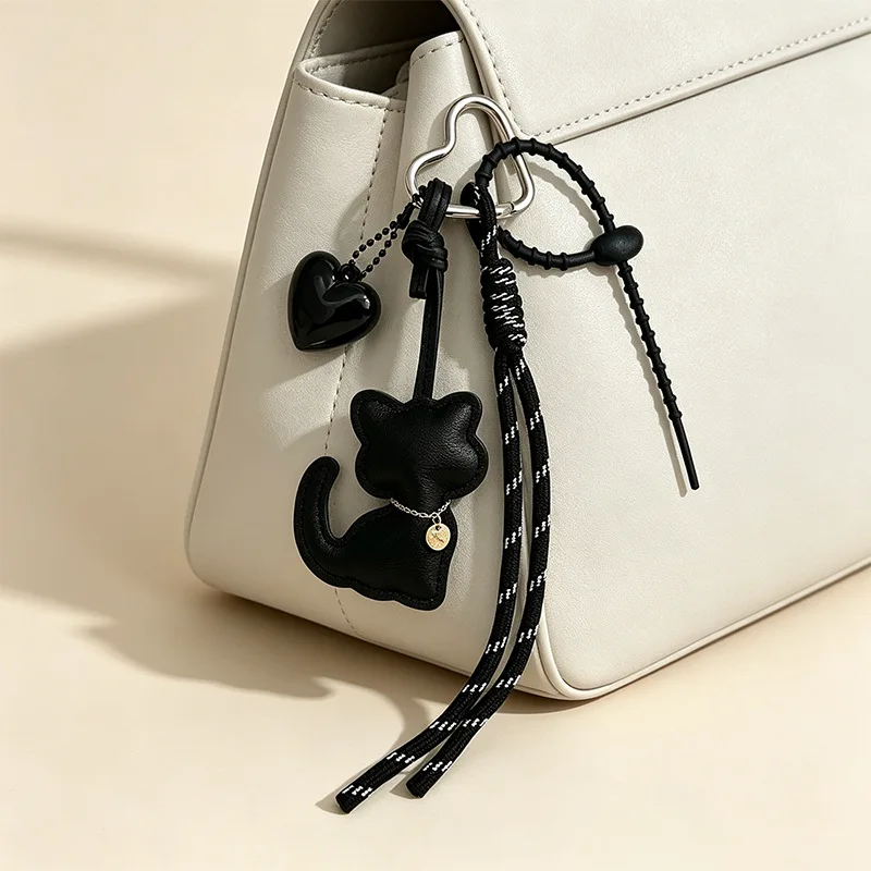 Korean Style PU Leather Cat Keychain, Niche Heart Tassel Bag Charm & Ins Style DIY Pendant