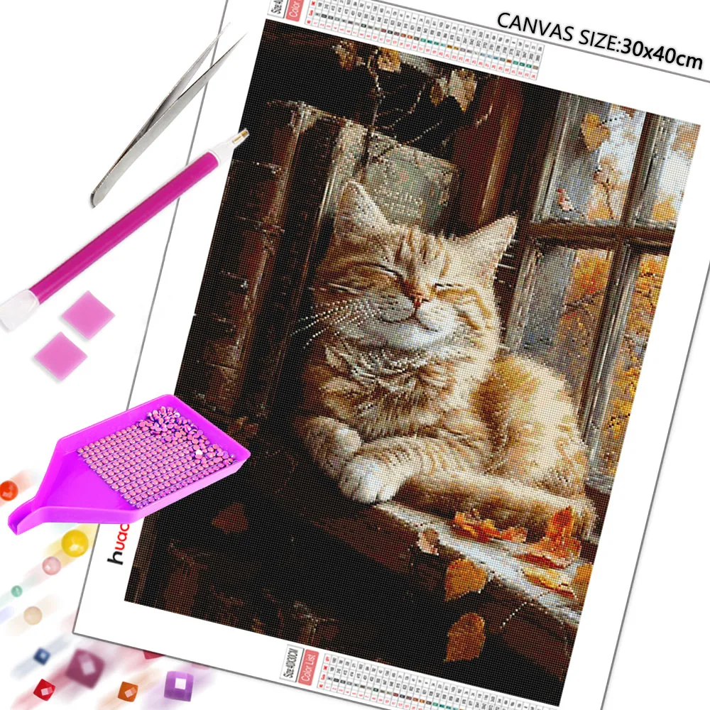 Huacan Diamond Painting Fall Cat Diamond Embroidery Animal Landsacape Complete Kit Picture Of Rhinestones