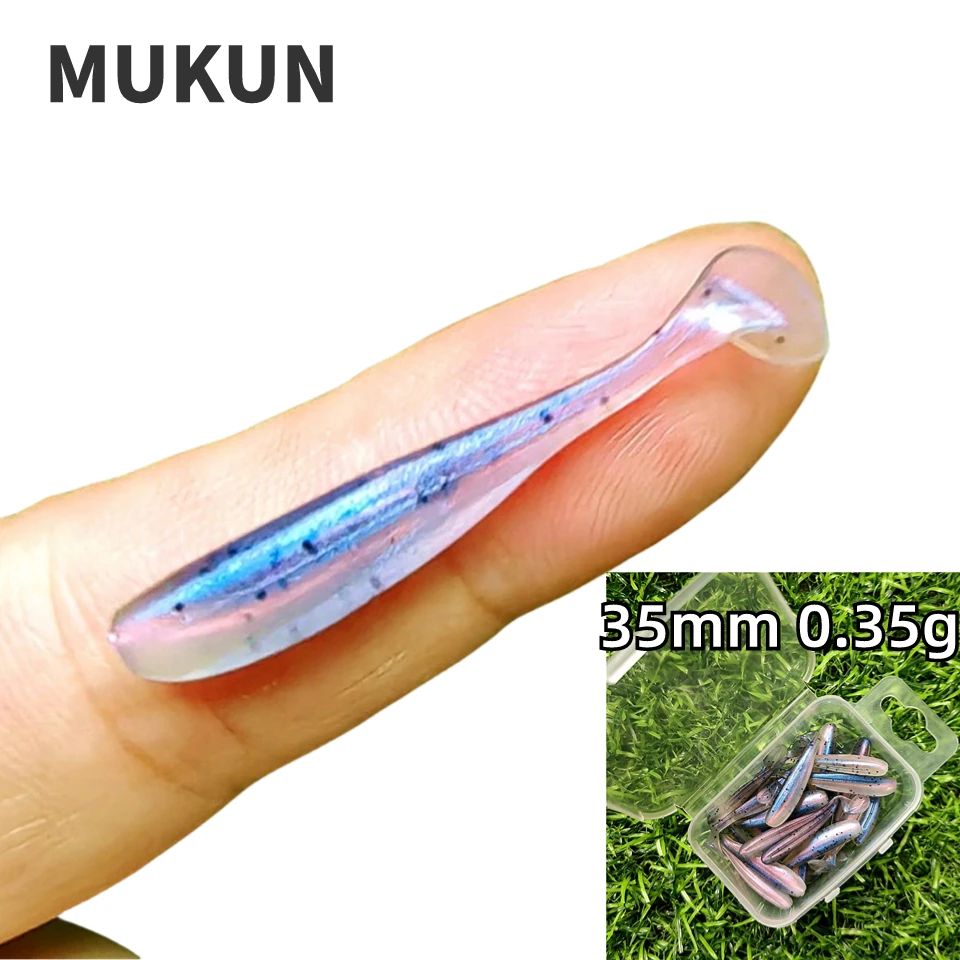 MUKUN 20PCS Micro Soft Fishing Lures 0.35g/35mm T-tail Worm Lure Small Artificial Bait Jig Wobblers Bass Pike Fishing Tackle