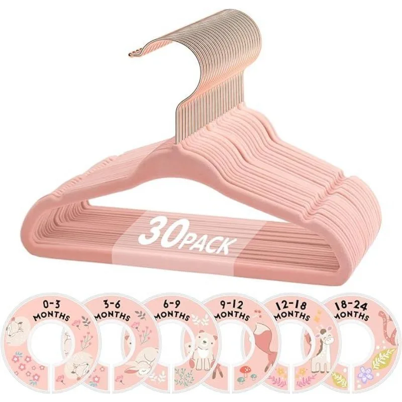 

30pcs 11in”Baby Clothes Hangers – Soft Non-Slip, Ultra Space-Saving Nursery Closet Organizer with 6 Adjustable Size Dividers