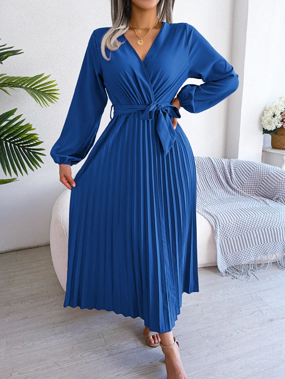 Elegant Lace Up Pleated Long Dress Women Cross V-Neck Long Sleeve High Waist Slim Swing Maxi Dresses Simple Solid Party Vestido