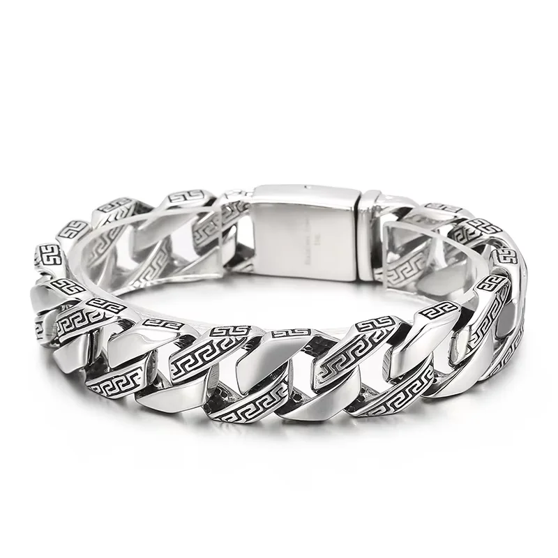Fongten Vintage Punk Stainless Steel Men's Bracelet Unique Domineering Totem Chain Rectangular Button Fashion Jewelry Gifts ﻿