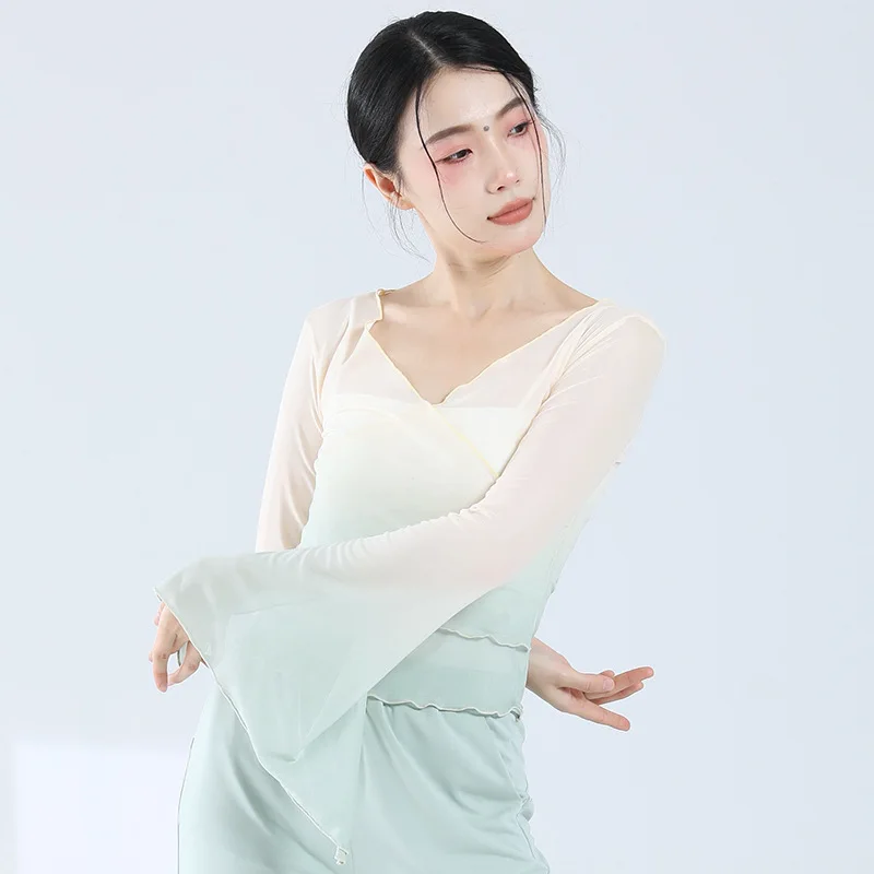 Classical Dance Mesh Top Flared Sleeve Gradient Ramp V Neck Elegant Women Modern Dance See Through Figure Skating Ballet Shirts