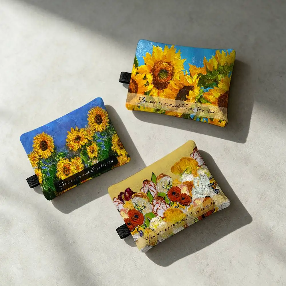 Painting-style Spring Art Sunflowers Waterproof Zipper Coin Purse Lightweight Hanging Key Pouch Card Holder For Daily Use