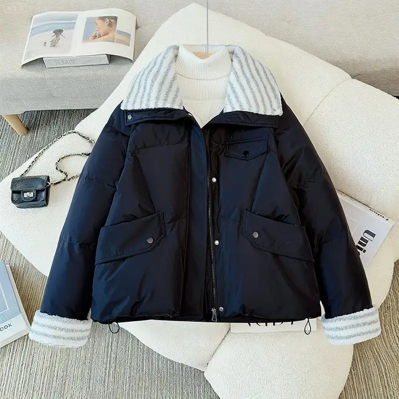 Female Short Lamb Wool Splicing Loose Cotton Coat Korean Bread Jackets Women Winter Coat Jacket Warm Down Cotton Parkas New