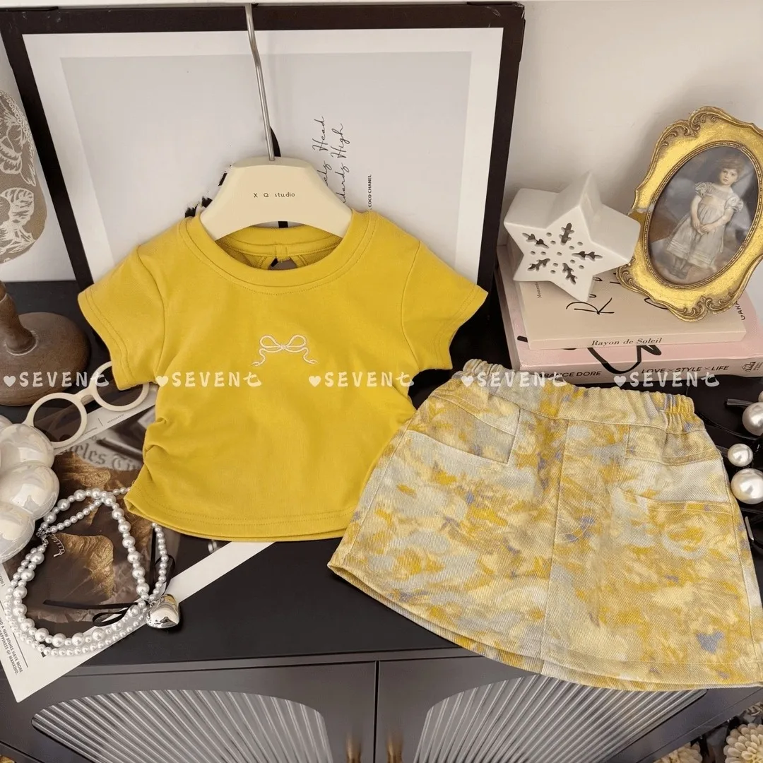 

Girls' Summer Set New Style Children's Baby Western Bow T-shirt+Half Skirt Two Piece Set
