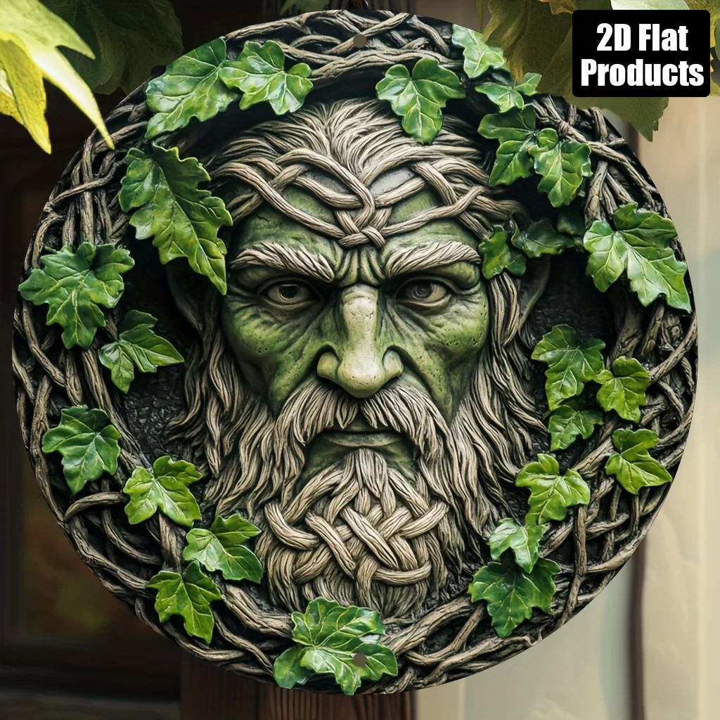 2D Flat - 1pc Vintage Dryad Metal Wall Art - 20.32x20.32 cm Round Iron Sign with Intricate Beard & Leaf Design, Rustic Green Fol