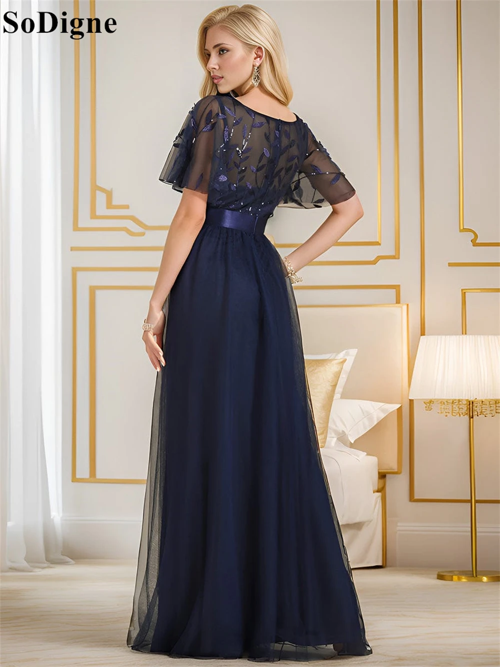 SoDigne Elegant Navy Blue Evening Dresses O-Neck Lace Appliques A-Line Pleated Cap Sleeves Party Dress 2024 Prom Gown Customized