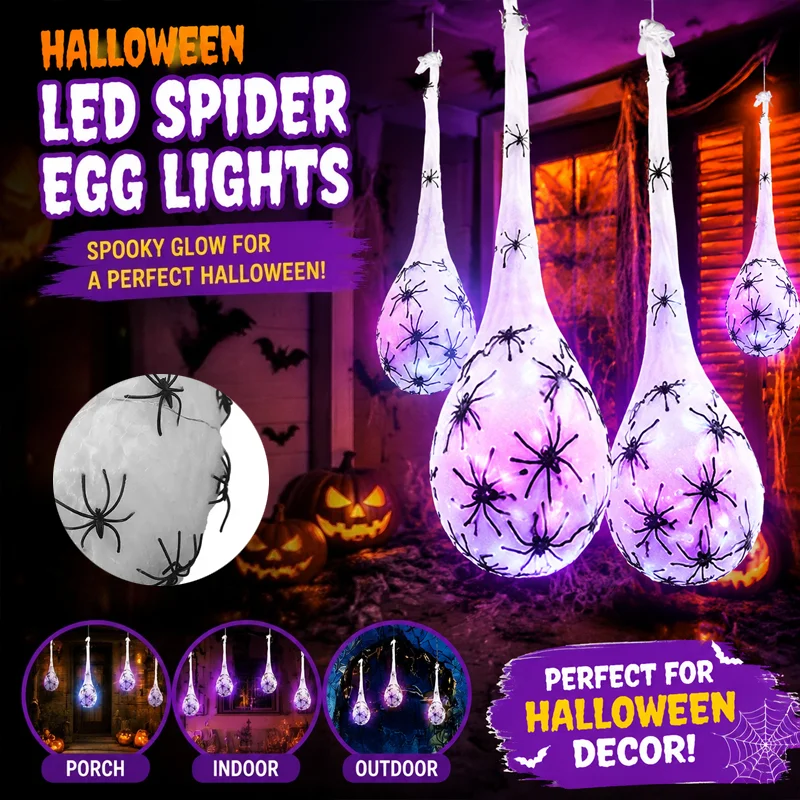 Ornement lumineux suspendu en forme d'œuf d'araignée pour Halloween, toile d'araignée décorative, effrayant et sinistre, pour décoration extérieure de porche, mur, pelouse, jardin, fête ﻿ ﻿