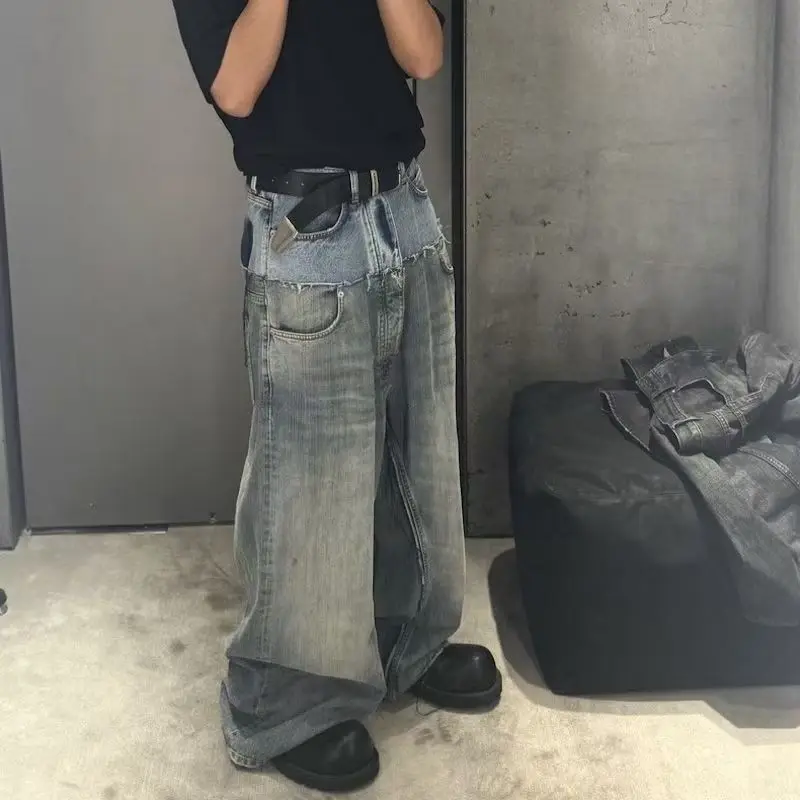 

Parisian Sle Men's Loose Wide Leg Jeans Double Layer Patchwork Casual Long Trousers Straight Cut Faionable Straight Jeans