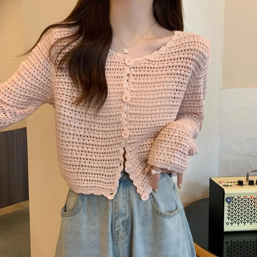 

Women Buttons Up Short Cardigan Coat Knitted Hollow Out Smock Top Long Sleeved Thin Summer T-shirt Ruffles Casual Shirt