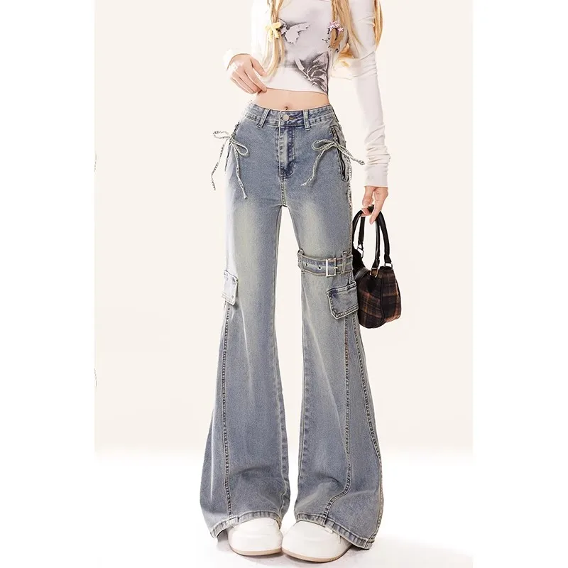 Jesienne niebieskie dżinsy damskie z wysokim stanem Baggy Casual Vintage Y2K Design Sense Straight Pants Street American Wide Leg Denim Trouser