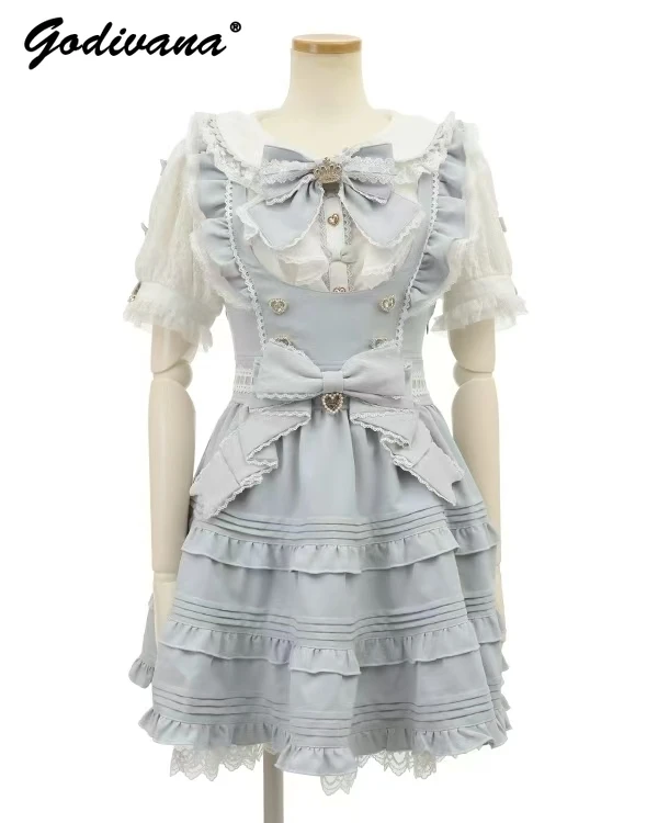 Novo japonês doce bonito bowknot camada cinta bolo vestido menina feminina cor sólida lolita acima do joelho vestidos suspender