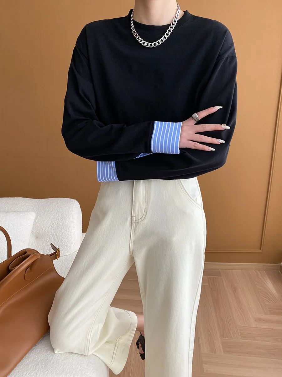 

Autumn and winter women's casual solid color round neck long sleeved patchwork loose T-shirt